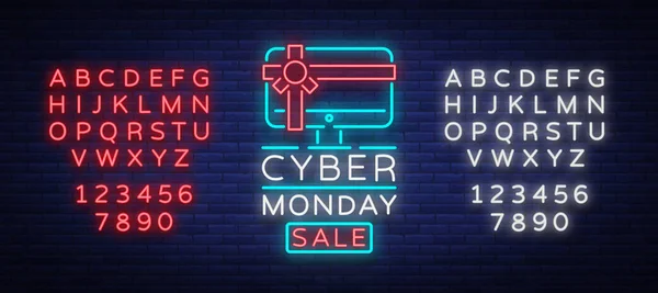 Векторный баннер кибер-понедельника в модном неоновом стиле, светящаяся вывеска, вечерняя реклама скидок на продажи кибер-понедельника. Редактирование неонового знака текста. Неоновый алфавит — стоковый вектор