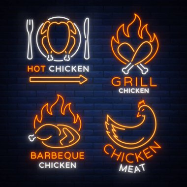 Set logosu, işaretler, tavuk neon tarzı bir bakkal ve restoranlar için afiş. Neon tabela, gece parlak reklam. Barbekü tavuk, ızgara tavuk. Vektör çizim