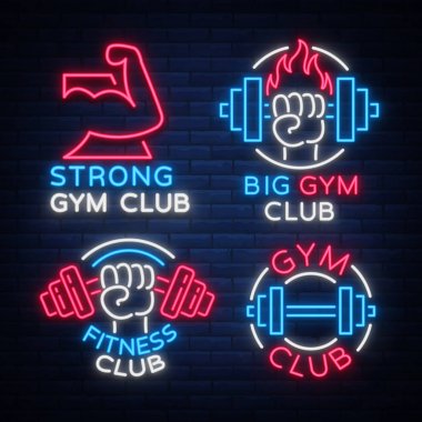 Konulu fitness, vücut geliştirme izole, neon tarzı vektör çizim logo kümesi imzalar. Parlayan afiş, parlak neon tabela, bir gece reklam fitness club, bir spor salonu, Spor Kulübü