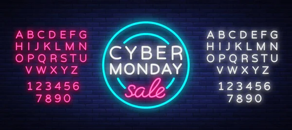Cyber Monday, discount sale concept illustration in neon style, online shopping and marketing concept, vector illustration. Neon luminous signboard, bright banner. Editing text neon sign — Stock Vector