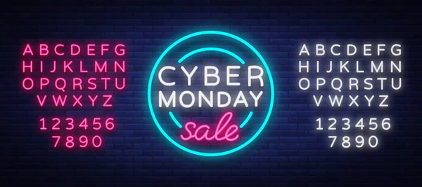 Cyber Monday, illustration de concept de vente à prix réduit dans le style néon, concept d'achat et de marketing en ligne, illustration vectorielle. Panneau lumineux néon, bannière lumineuse. Montage de texte néon signe — Image vectorielle