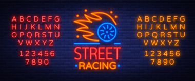 Sokak Logo Amblem kalıp vektör logo neon tarzı yarışı. Yarışları temalı parlayan bir işaret. Neon tabela, ışık afiş. Metin neon tabela düzenleme. Neon alfabesi