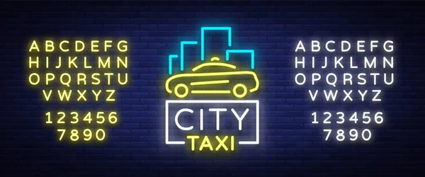 Modèle de concept de logos néon taxi ville. Panneau lumineux sur le thème du transport des passagers. Des enseignes au néon, une bannière de nuit. Illustration vectorielle. Montage texte néon signe. Alphabet néon — Image vectorielle
