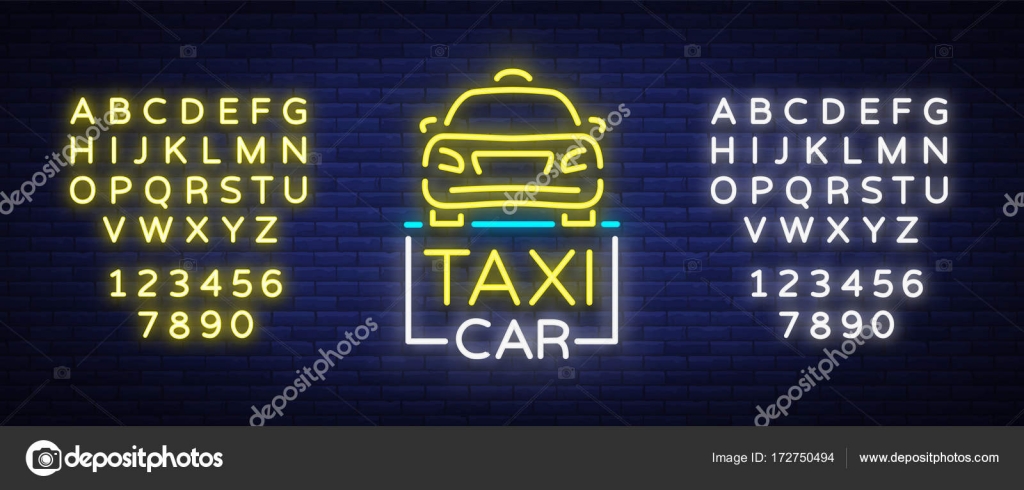 Дизайн Автомобиля Такси Неоновые Светящиеся Логотипы Концепт.