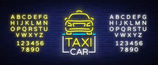 Modèle de conception de voiture de taxi néon logos lumineux concept. Panneau lumineux sur le thème du transport des passagers. Des enseignes au néon, une bannière de nuit. Illustration vectorielle. Montage texte néon signe. Néon — Image vectorielle