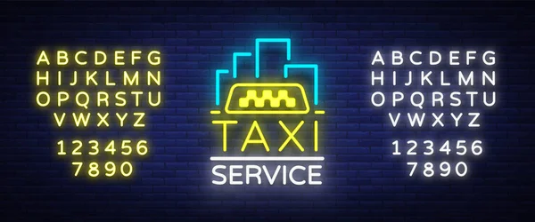 Vector Neon Taxi logo isolé sur un fond de brique. Insigne de silhouette taxi lumineux. Design publicité nuit signe de la marque de taxi. Montage texte néon signe. Alphabet néon — Image vectorielle