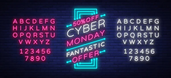 Cyber Monday concept banner in fashionable neon style, luminous signboard, advertisement of sales rebates of cyber Monday. Vector illustration for your projects. Editing text neon sign — Stock Vector