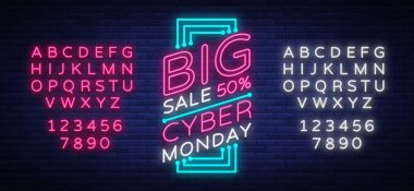 Cyber Pazartesi vektör moda neon tarzı, ışıklı tabela, Satış iadeleri, cyber Pazartesi gece reklam reklam afiş. Metin neon tabela düzenleme. Neon alfabesi