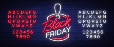 Cuma neon reklam, iskontoları, satış, neon parlak afiş işareti siyah. Projeleriniz için parlayan işaret. Metin neon tabela düzenleme. Neon alfabesi