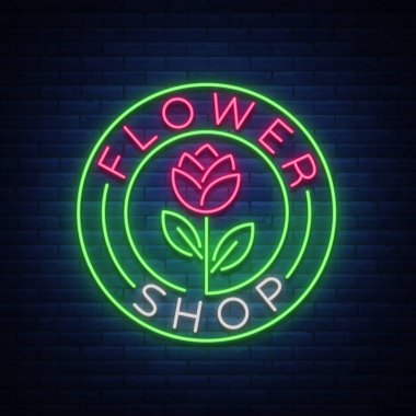 Çiçek Dükkanı logosu, neon işareti. Vektör çizim çiçek satan Tema. Neon afiş, çiçek, gece işareti reklam canlı