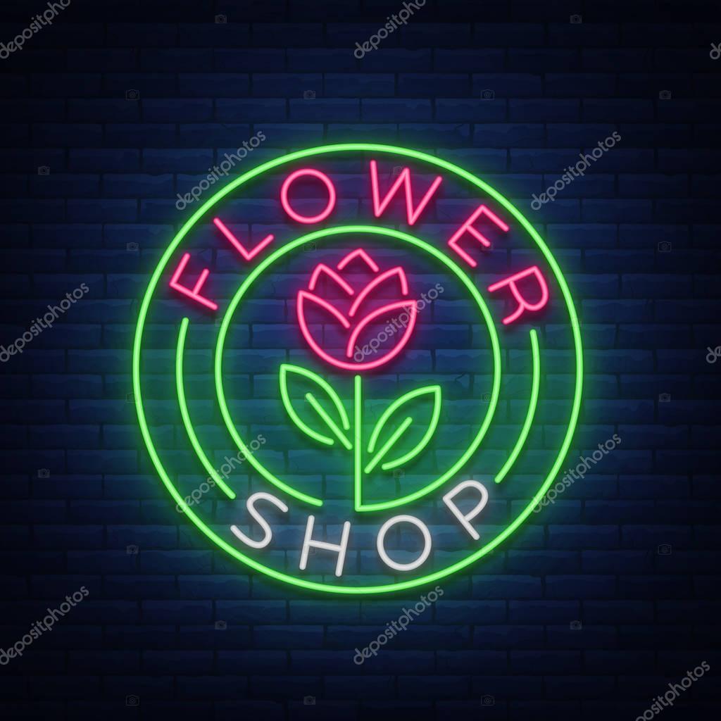 Flower shop logo, neon sign. Vector illustration on the theme of selling flowers. Neon banner, vivid advertising of flowers, night sign.