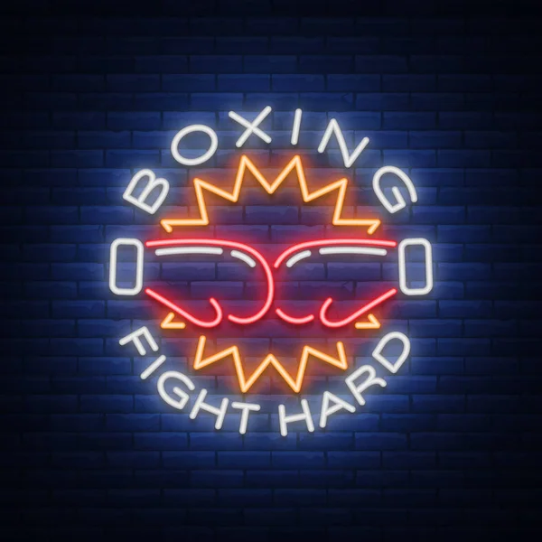 Boxing logo, neon sign emblem is isolated. Vector illustration on sport, boxing. The sign is lit, the bright night banner, the neon advertising of the sports boxing club — Stock Vector