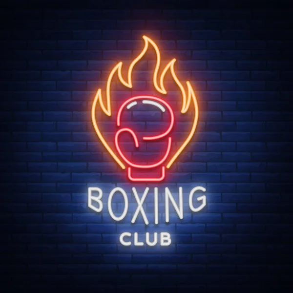 Logo des Boxklubs im Neon-Stil, Vektorillustration. Emblem, Leuchtreklame, Symbol für eine Sportanlage zum Thema Boxen. Leuchtreklame, bunte Nachtleben-Werbung — Stockvektor