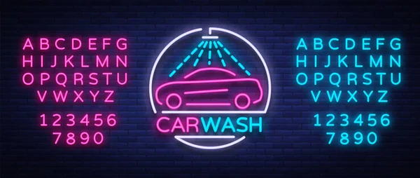 Emblème de conception de logo de lavage de voiture dans l'illustration vectorielle de style néon. Modèle, concept, enseigne lumineuse sur le thème du lavage des voitures. Montage texte néon signe. Alphabet néon — Image vectorielle