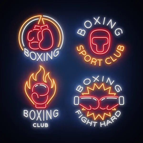 Боксерский спортивный клуб набор логотипов в неоновом стиле, векторная иллюстрация. Коллекция неоновых знаков, эмблем, символов для спортивного объекта по боксу. Неоновый баннер, яркая реклама ночной жизни — стоковый вектор