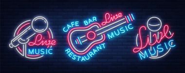 Müzik seti neon işaret vektör logolar, afiş, amblem canlı müzik festivalleri, müzik barlar, karaoke, gece kulüpleri için yaşıyorum. Koleksiyon el ilanı, afiş, davetiye, broşür ve kapakları için şablonlar