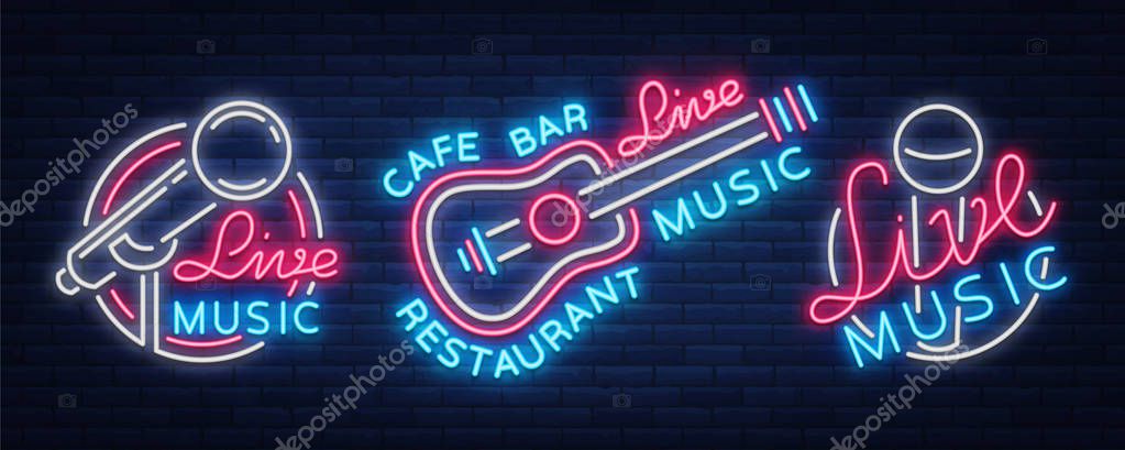 Live music set of neon signs vector logos, poster, emblem for live music festivals, music bars, karaoke, night clubs. Collection of templates for flyers, banners, invitations, brochures and covers.