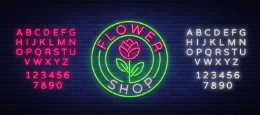 Çiçek Dükkanı logosu, neon işareti. Vektör çizim çiçek satan Tema. Neon afiş, çiçek, gece işareti reklam canlı. Metin neon tabela düzenleme. Neon alfabesi