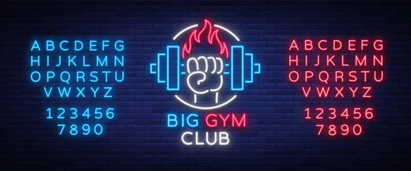 Fitness, logo de gymnase en style néon isolé, illustration vectorielle. Une bannière lumineuse, un panneau lumineux néon, une publicité nocturne d'un club de fitness, une salle de sport, un club de sport. Montage de texte néon signe — Image vectorielle