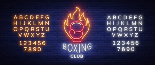 Boxing club logo dalam gaya neon, vektor ilustrasi. Lambang, lampu neon, simbol untuk fasilitas olahraga pada topik tinju. Panji Neon, iklan kehidupan malam yang cerah. Menyunting tanda teks neon - Stok Vektor