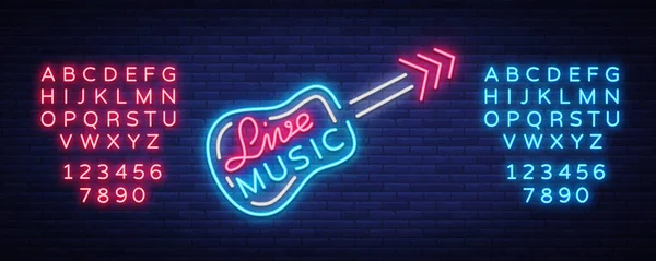 Canlı müzik neon işareti vektör, afiş, amblem canlı müzik Festivali, müzik barlar, karaoke, gece kulüpleri için. El ilanı, afiş, davetiye, broşür ve kapakları için şablon. Metin neon işareti düzenleme — Stok Vektör