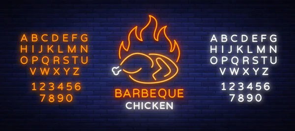 Logo Chicken Barbecue es un logotipo de estilo neón para una tienda de alimentos y un restaurante. Signo de neón, noche brillante publicidad pollo parrilla. Ilustración vectorial. Edición de texto signo de neón. Alfabeto de neón — Vector de stock
