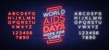 Dünya AIDS günü, 1 Aralık, afiş, neon tarzı poster. Vektör farkındalık bilinci kavramı. Metin ile ışıklı afiş tasarım. Metin neon tabela düzenleme. Neon alfabesi
