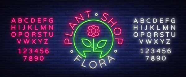 Blumenladen, Pflanzen, Florist, Flora Emblem, Zeichen, Neon-Logo. Template Design Element Business, lebhafte Werbung im Zusammenhang mit Blumenlieferung, Gartenflorist. Bearbeiten von Text-Leuchtreklame. Neon-Alphabet — Stockvektor