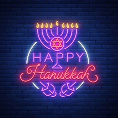 Hanukkah bir neon tabela, tebrik kartı, geleneksel Chanukah şablon Yahudi tatil. Hanuka Bayramınız kutlu olsun. Neon afiş, parlak parlak işareti. Vektör çizim