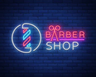 Vektör logo neon işareti Kuaför Salonu tasarımınız için. Bir etiket, bir işaret, bir işaret ya da bir reklam için. Hipster adam, Kuaför Logo. Neon billboard, parlak işareti, ışıklı afiş