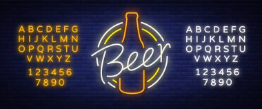 Neon-stil logosu pub, bira bira fabrikası, lokali doldurma pub Restoran bar bira evi için özgün vintage retro tasarımı. Reklam, parlak işareti parlak neon gece bira. Metin neon işareti düzenleme