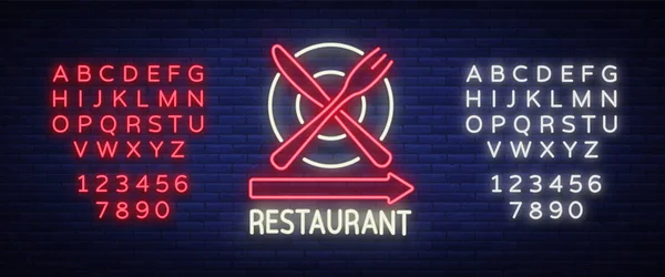 Restaurant logo, sign, emblem in neon style. A glowing signboard, nightly bright banner. Glowing neon night advertisement of a restaurant, cafe snack bar. Vector illustration. Editing text neon sign — Stock Vector