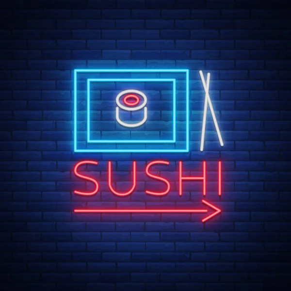 Sushi-logotypen i neon stil. Ljusa neonskylt med texten är isolerad. Fisk och skaldjur, japansk mat. Ljusa billboard Billboards, restaurang reklam bar av japansk mat sushi. Vektorillustration — Stock vektor
