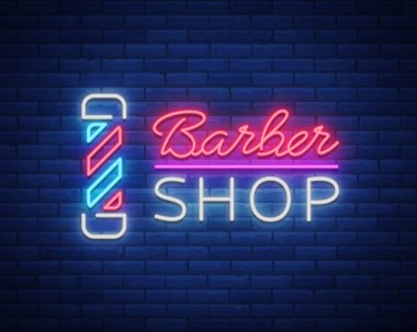 Vektör logo neon işareti Kuaför Salonu tasarımınız için. Bir etiket, bir işaret, bir işaret ya da bir reklam için. Hipster adam, Kuaför Logo. Neon billboard, parlak işareti, ışıklı afiş