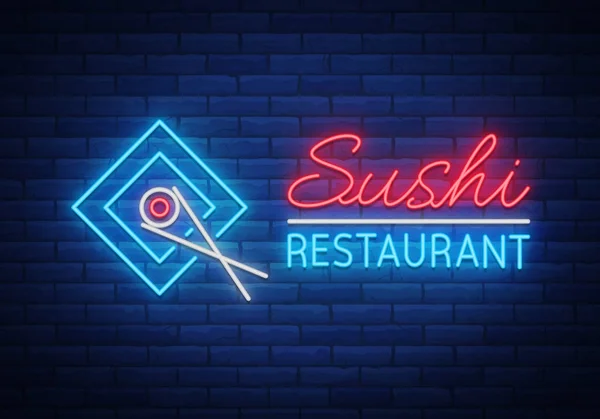 Vector neon sign logo Sushi bar, Asian fast-food street in a bar or shop, sushi, Onigiri with a salmon roll with chopsticks, isolated. Night Sashis bright, luminous advertising, neon bobbler seafood — Stock Vector