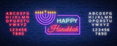 Hanukkah bir neon tabela, tebrik kartı, geleneksel Chanukah şablon Yahudi tatil. Hanuka Bayramınız kutlu olsun. Neon afiş, parlak parlak işareti. Vektör çizim. Metin neon tabela düzenleme. Neon alfabesi