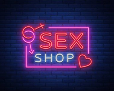 Seks shop logo, gece neon tarzı imzala. Neon tabela, seks shop promosyon için bir sembol. Yetişkin mağaza. Parlak banner, her gece reklam. Vektör çizim