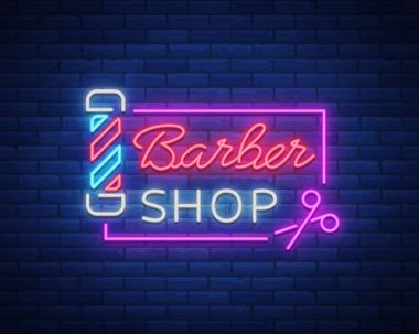 Berber Dükkanı logo neon tabela, logo tasarım öğeleri. Bir üstbilgi veya şablon olarak kullanılabilir logolar, etiketleri, kartları için. Neon tabela, Kuaförlük reklam parlak aydınlatma. Vektör çizim