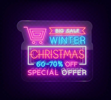 Noel satış, neon tabela, parlak Festival indirimler reklam. Yeni yıl kartı satışı, ışık afiş. Xmas kış indirimler, projeleriniz için el ilanı. Vektör çizim. Neon tabela şeffaf cam üzerinde
