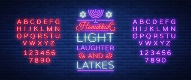 Mutlu Hanuka, neon tarzı bir tebrik kartı. Vektör çizim. Neon ışık saçan metin Chanukah konusunda. Parlak afiş, aydınlık şenlikli işareti. Yahudi tatil