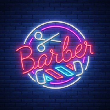 Logo, neon işareti bir kuaför ve berber dükkanı. Amblem, neon tarzı etiket. Parlak reklam billboard reklam afişi, ışıklı afiş. Vektör çizim