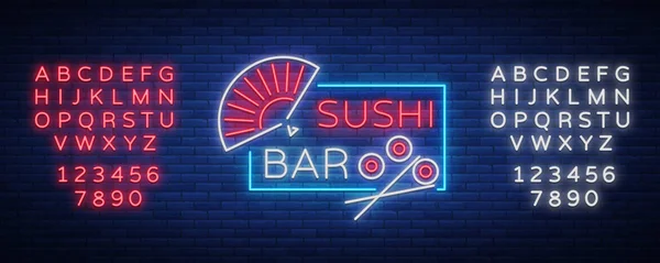Logotipo de sushi em estilo neon. Sinal de néon brilhante com texto é isolado. Bright outdoor outdoor, bar de publicidade restaurante de sushi de comida japonesa. Ilustração vetorial. Edição de texto sinal de néon —  Vetores de Stock