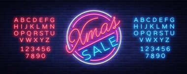 Noel satış iskontoları, kart kartpostal neon tarzı. Neon tabela, parlak poster, aydınlık gece Noel satış reklam. Vektör çizim. Metin neon tabela düzenleme. Neon alfabesi