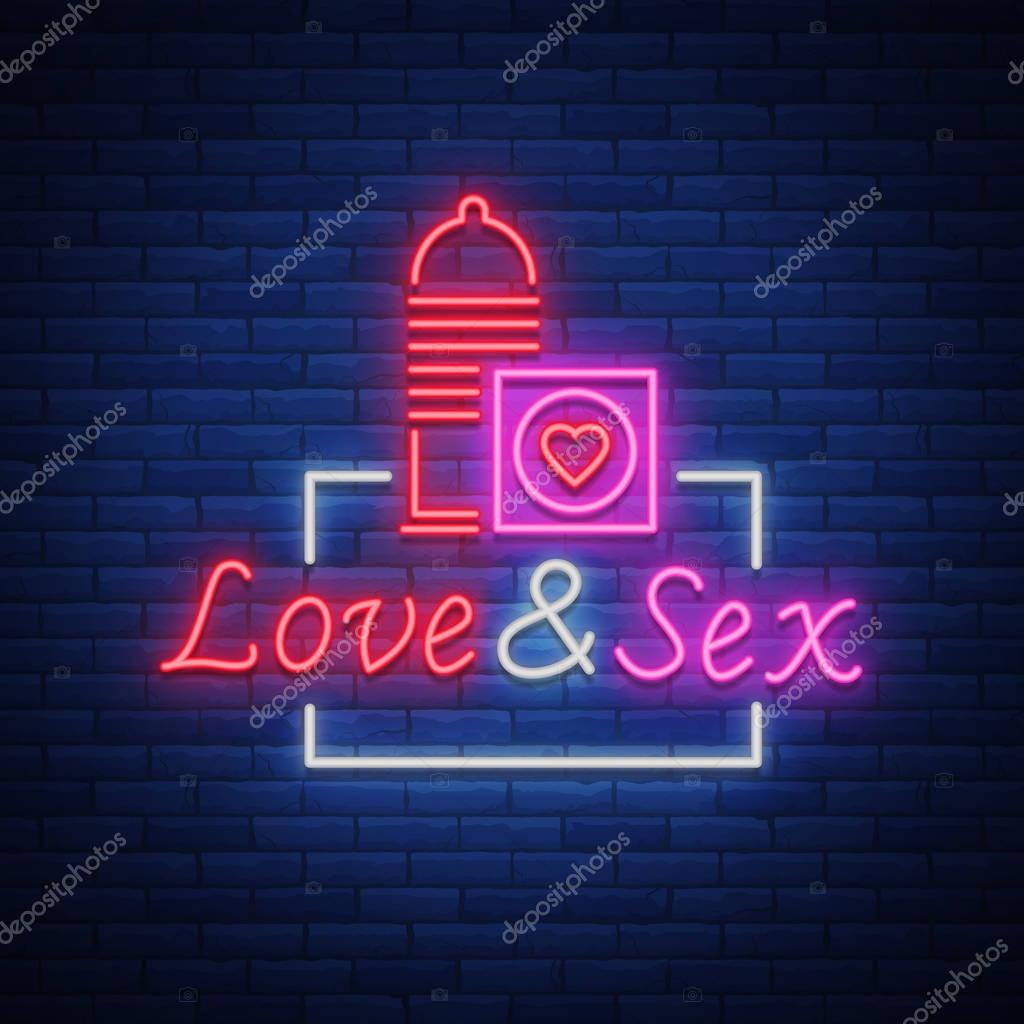 Sex Shop is a neon sign logo. Vector illustration. Love Sex. Bright neon sign, luminous banner, nightly bright advertisement of sex shop.