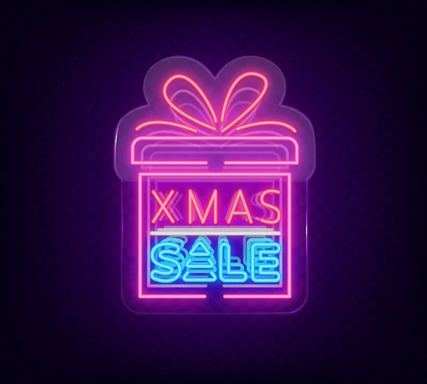 Karácsonyi eladó kedvezmények, kártya képeslap neon stílusban. Neonreklám, fényes poszter, fényes éjszaka reklám karácsonyi értékesítési. Vektoros illusztráció. Neonreklám, átlátszó üveg — Stock Vector
