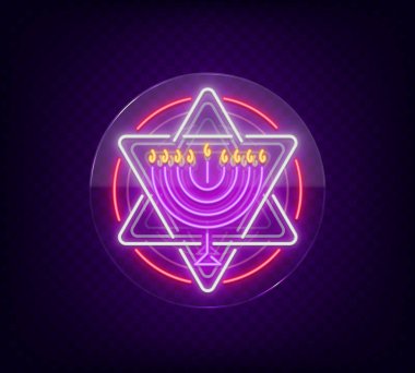 Chanukah vektör tasarımı - Hanuka Bayramınız kutlu olsun. Neon tabela, parlak ışıklı afiş için tebrik kartları. Yahudi tatil. Hanuka Menoru. Neon tabela şeffaf cam üzerinde