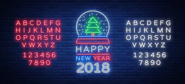 Ευτυχισμένο το νέο έτος 2018 είναι μια φωτεινή επιγραφή. Νέον σύμβολο για σας νέα χρόνια έργα, ευχετήριες κάρτες, φυλλάδια, banners. Φωτεινό εορταστικό πινακίδα, Φωτεινή διαφήμιση. Εικονογράφηση διάνυσμα. Επεξεργασία ΑΝΟΙΚΤΩΝ — Διανυσματικό Αρχείο