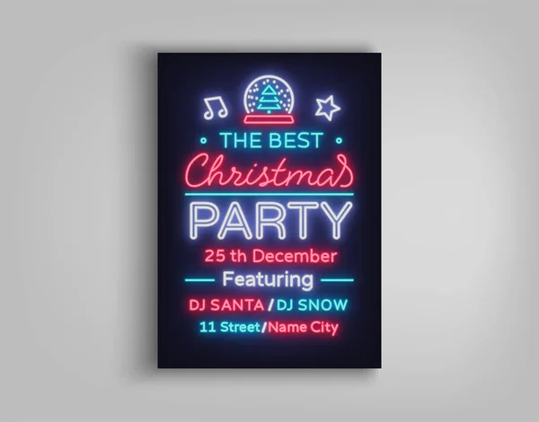 Christmas party vector mall broschyr. Julkort design är utformad i neon stil. Neon banner, ljusa lysande reklam för din jul-projekt — Stock vektor