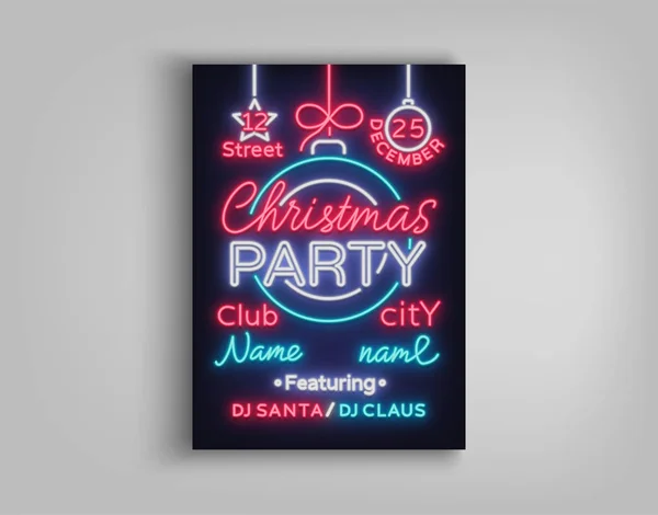 Christmas party vector mall broschyr. Julkort design är utformad i neon stil. Neon banner, ljusa lysande reklam för din jul-projekt — Stock vektor