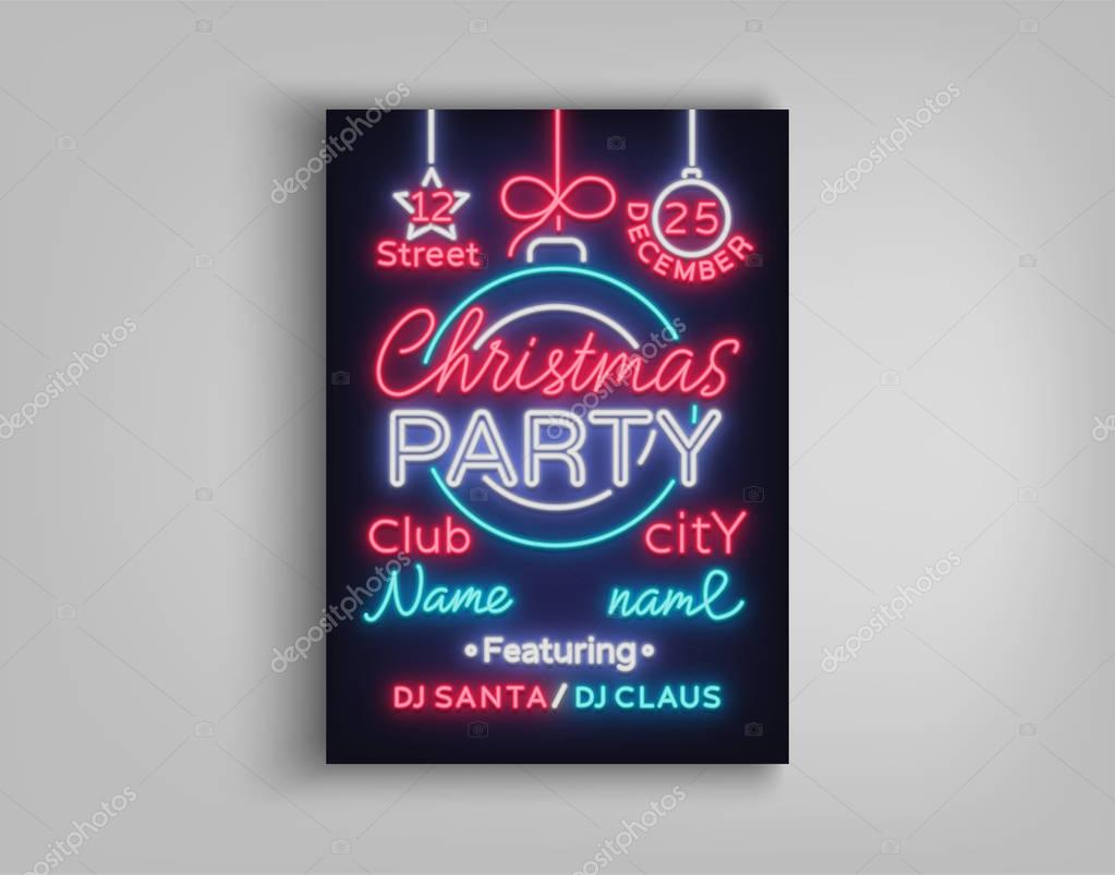 Christmas party vector template brochure. Christmas card design is designed in a neon style. Neon banner, bright luminous advertising for your Christmas projects.